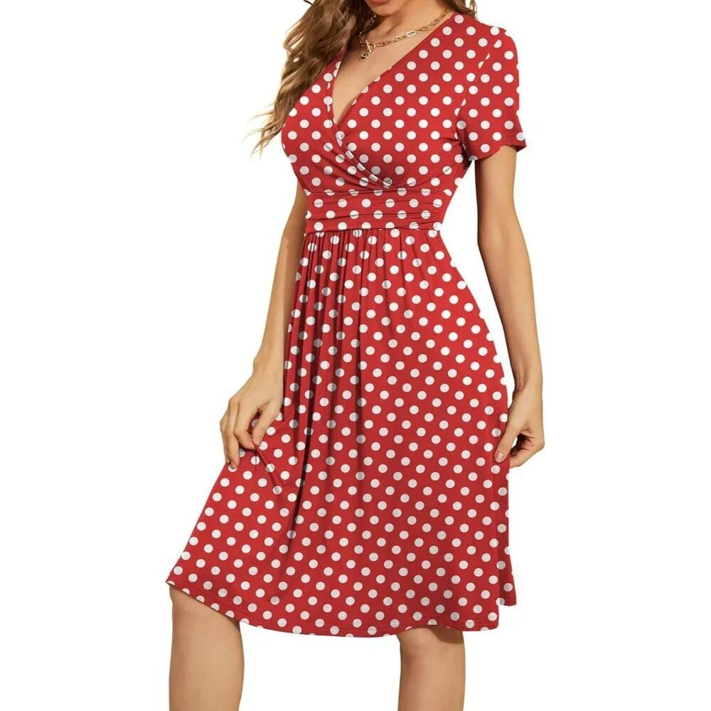 Women Dot Red Short Sleeve V-Neck Floral Stretchy Party Dress with Pockets